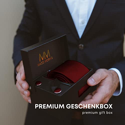 Massi Morino ® Set de corbata (caja regalo para hombres) Corbatas de hombre y pañuelos + gemelos + clip de corbata (Vino Rojo)