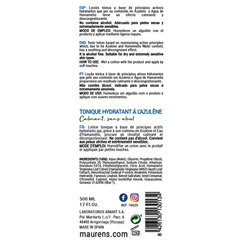Maurens Tónico Hidratante de Azuleno, calmante, sin alcohol, piel seca y sensible, 500 ml