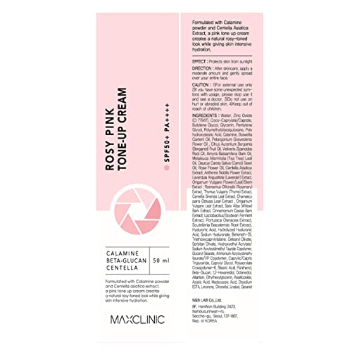 MAXCLINIC Rosy Pink Tone up Crema iluminadora natural SPF50 + PA ++++ Base de maquillaje, Prebase 50 ml / 1,69 fl oz