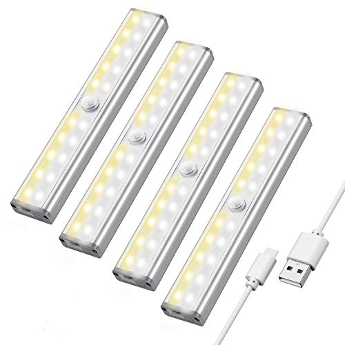 Maxuni Luz de Armario Pack 4, Lámpara LED con Sensor Movimiento inalámbrico recargable por USB, Iluminación de armario LED de 3 modos, Tira de adhesivo magnético para Escalera Armario Pasillo Bodega
