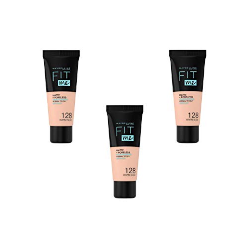 Maybelline New York Base de Maquillaje líquida Fit Me Matte & Poreless - 128 Warm Nude, Juego de 3 (3 x 30ml)