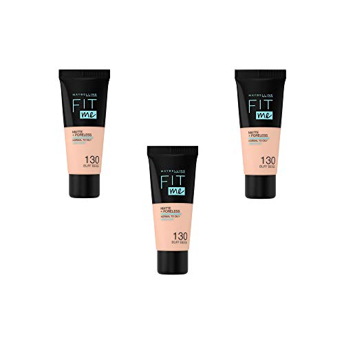 Maybelline New York Base de Maquillaje líquida Fit Me Matte & Poreless - 130 Buff Beige, Juego de 3 (3 x 30ml)