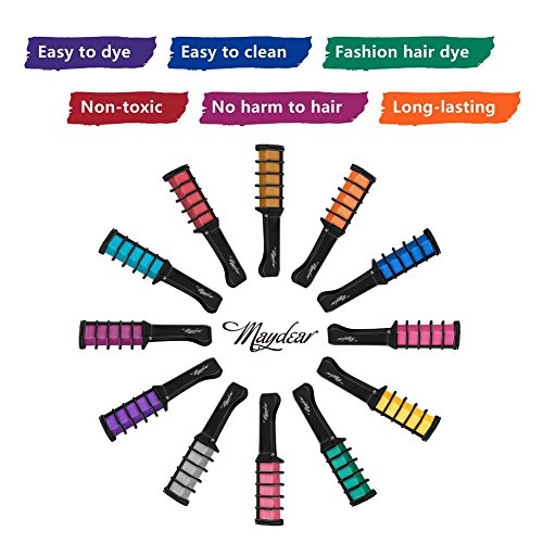 Maydear - Peine de tiza para el cabello temporal, 12 colores, no tóxico, lavable, para teñir el cabello, apto para niños, para fiestas, cosplay, bricolaje