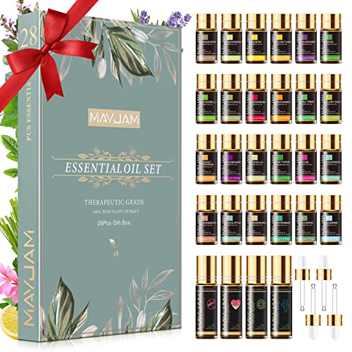 MAYJAM Juego de Aceites Esenciales 28 Piezas 100% Puro 24 * 5 ml Lavanda Jazmín Eucalipto Vainilla Menta y más - 4 Botellas Enrolladas de 10 ml Clean/Energético/Respiratorio/Alivio del Estrés
