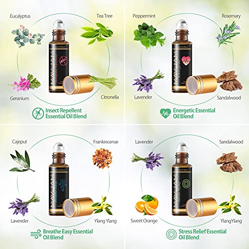 MAYJAM Juego de Aceites Esenciales 28 Piezas 100% Puro 24 * 5 ml Lavanda Jazmín Eucalipto Vainilla Menta y más - 4 Botellas Enrolladas de 10 ml Clean/Energético/Respiratorio/Alivio del Estrés