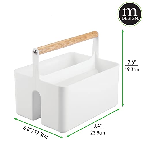 mDesign Juego de 2 cajas organizadoras para baño – Cajas de plástico con asa de madera para el almacenamiento de productos cosméticos – Organizador de baño con 2 compartimentos – blanco