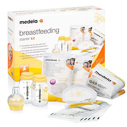 Medela Set de inicio de lactancia - con tetina Calma, 2 biberones, 5 bolsas para extraer y guardar la leche, 12 discos de lactancia desechables, crema Purelan y bolsa de vapor de limpieza rápida