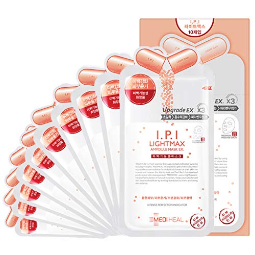 Mediheal Máscara de ampolla IPI Lightmax EX. 10 mascarillas, láminas faciales de algodón con vitamina C y niacinamida, lámina de mascarilla para eliminar manchas oscuras, aclarado de la piel