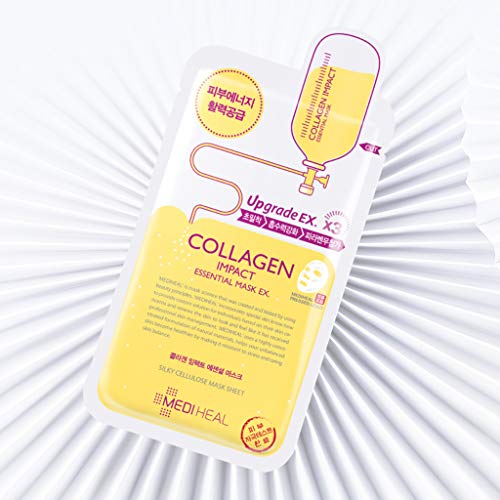 Mediheal Mascarilla Esencial de Impacto de Colágeno EX. 10 mascarillas, mascarilla facial en hoja con colágeno hidrolizado,péptidos y beta glucano, mascarilla facial en hoja de algodón para el cuidado