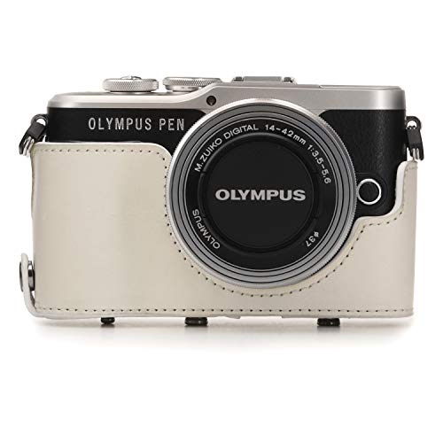 MegaGear Ever Ready - Funda para Olympus Pen E-PL10, E-PL9 (14-42 mm, de Cuero, con Correa) Color Blanco