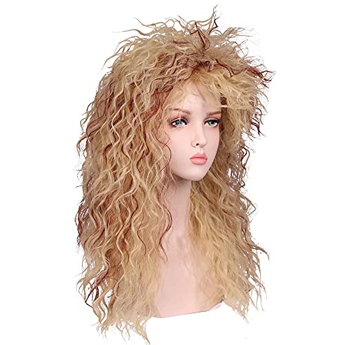 MEIRIYFA Peluca para hombre y mujer, peluca larga y rizada, para disfraz de Halloween (rubio con marrón rojizo)