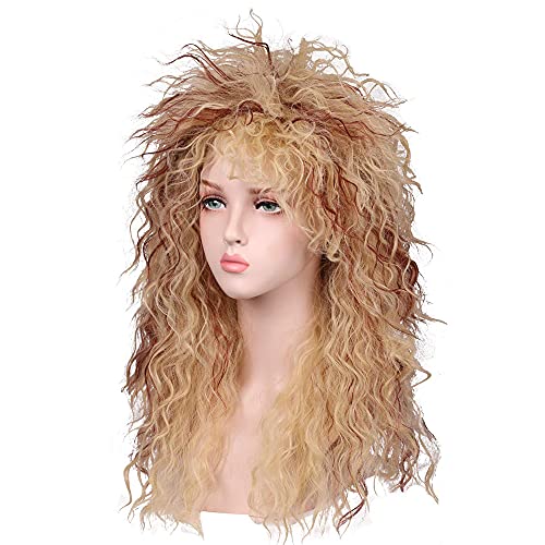 MEIRIYFA Peluca para hombre y mujer, peluca larga y rizada, para disfraz de Halloween (rubio con marrón rojizo)