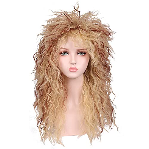 MEIRIYFA Peluca para hombre y mujer, peluca larga y rizada, para disfraz de Halloween (rubio con marrón rojizo)