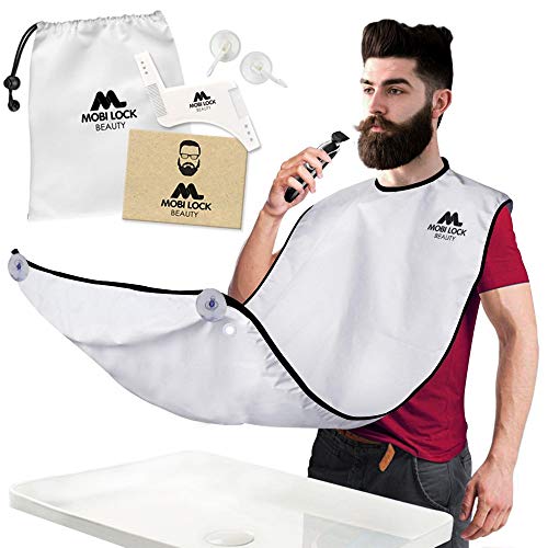 Mejor babero para el afeitado de la barba - Delantal para el recorte de la barba y capa de afeitado - Incluye peine para el afeitado, bolsa y libro electrónico para el afeitado por Mobi Lock