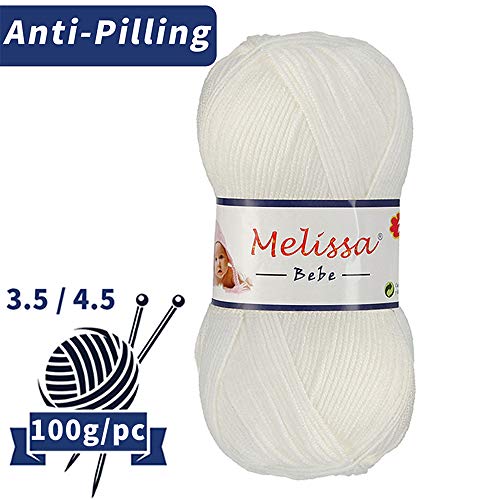 MELISSA Lana Bebé Hilo Acrílico Ovillo de Lana (250m 1u*100g)Antipilling Acrilico Ovillo para bebé suave,Certificado OEKO-TEX Standard 100,agujas talla 3.5/4.5,Blanco 1,Enviado desde Europa