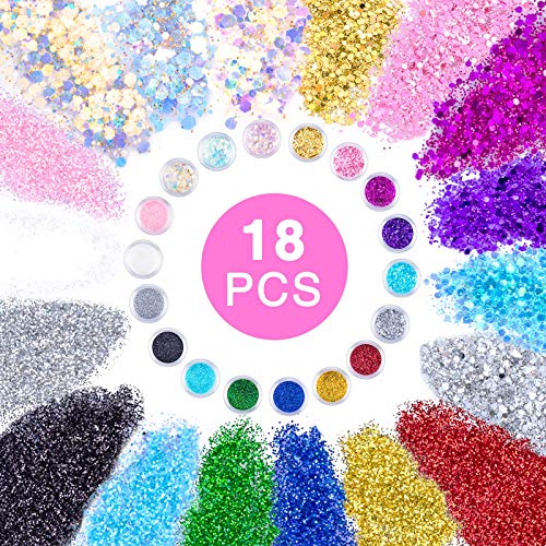 MELLIEX 18 Botes Purpurina Polvo, Glitter Flakes Brillantes para Uñas Lentejuelas Brillos Decoración para Cara, Nail Art, Cabello y Cuerpo(Con Cepillo)