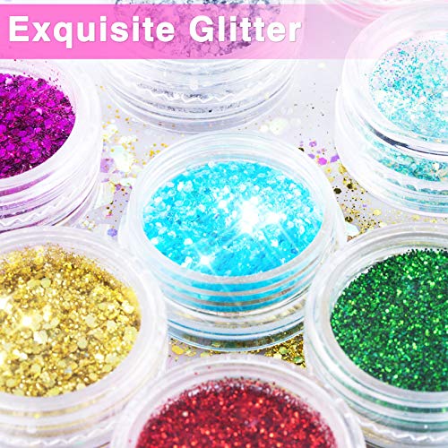 MELLIEX 18 Botes Purpurina Polvo, Glitter Flakes Brillantes para Uñas Lentejuelas Brillos Decoración para Cara, Nail Art, Cabello y Cuerpo(Con Cepillo)
