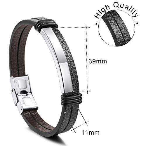 MeMeDIY Pulsera con Nombre Pulseras Personalizadas para Mujeres Pulseras Personalizadas para Niños Hombres Niñas Acero Inoxidable Grabado de Cuero Genuino Brazalete Trenzado (Plata Tono Etiqueta)