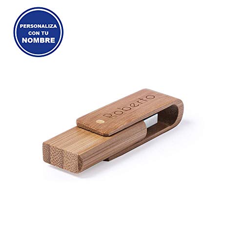 Memoria USB 16 GB en Madera de Bambú Personalizado (Nombre o Texto) · Pendrive Ideal para Regalar · Original y Elegante Producto Promocional · Presentada en Estuche Individual de Cartón Reciclado