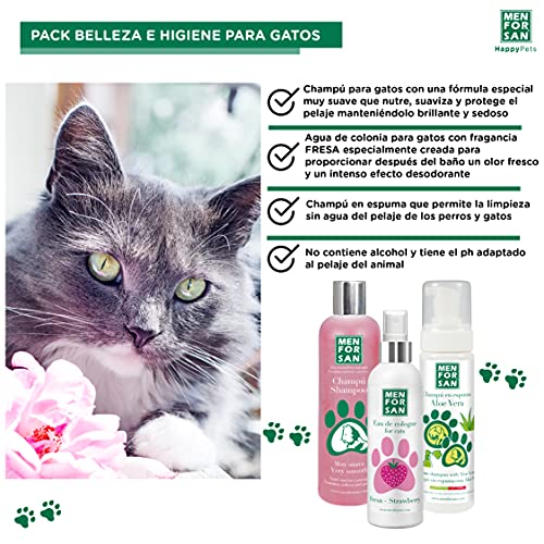 MENFORSAN Pack Higiene y Belleza para Gatos Menforsan, Champú Muy Suave Gatos 300ml, Colonia Fresa para Gatos 125ml, Champú en Espuma para Perros y Gatos 200ml, Rico Aroma a Fresa
