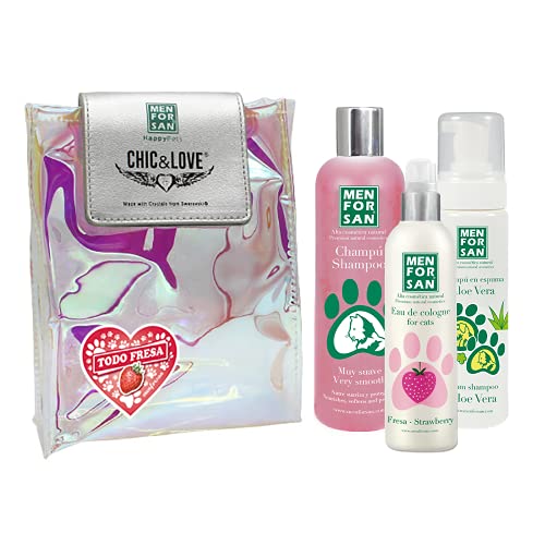 MENFORSAN Pack Higiene y Belleza para Gatos Menforsan, Champú Muy Suave Gatos 300ml, Colonia Fresa para Gatos 125ml, Champú en Espuma para Perros y Gatos 200ml, Rico Aroma a Fresa