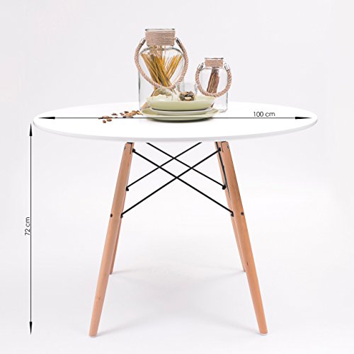 Mesa de Comedor o Cocina Redonda 100 cm diámetro Tower Tapa lacada Blanca, Patas Madera de Haya y refuerzon metálicos en Negro