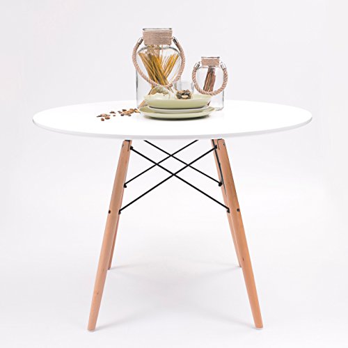 Mesa de Comedor o Cocina Redonda 100 cm diámetro Tower Tapa lacada Blanca, Patas Madera de Haya y refuerzon metálicos en Negro
