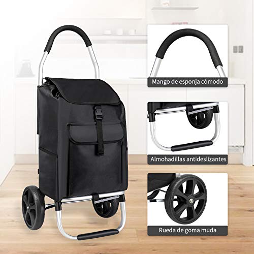 mfavour Carro de la Compra, Carrito de la Compra Estable, Carrito Compra Plegable Push/Pull, carros de Compras 2 Ruedas con Bolsa Oxford Desmontable, 45L, Negro