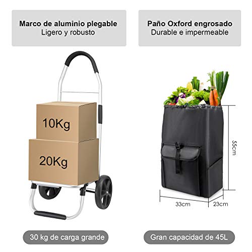 mfavour Carro de la Compra, Carrito de la Compra Estable, Carrito Compra Plegable Push/Pull, carros de Compras 2 Ruedas con Bolsa Oxford Desmontable, 45L, Negro