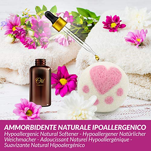 MGKolbe® Pelotas para secadora, bolas de lana, ambientador de aceites esenciales, suavizante natural, hipoalergénico, sin olor, antiarrugas, con 6 bolas blancas con flor