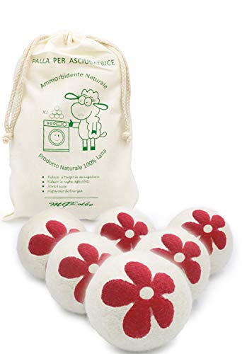 MGKolbe® Pelotas para secadora, bolas de lana, ambientador de aceites esenciales, suavizante natural, hipoalergénico, sin olor, antiarrugas, con 6 bolas blancas con flor