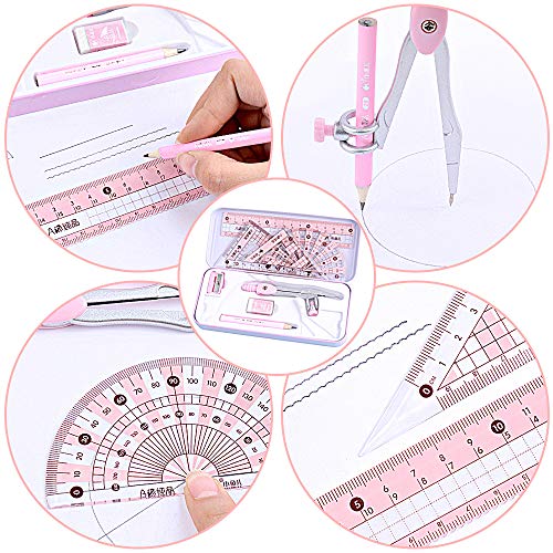 MHwan Compas Escolar, Set de Geometría, Juego de brújula de geometría con borrador de regla y transportador para estudiantes de matemáticas e ingeniería en estuche, 8 piezas, 18x8x2 cm