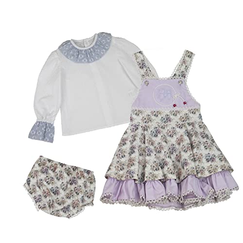 MI HIJA Y YO Conjunto blusa , falda con peto y braga niña 4-5 años COLECCIÓN GELSEY- Hecho a mano