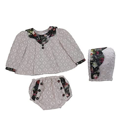 MI HIJA Y YO Conjunto Blusa mangas largas, braga cubrepañal y capota Niña 6-9 meses Hecho a Mano COLECCIÓN CARLIN