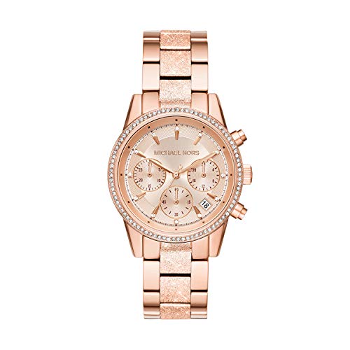 Michael Kors Reloj para Mujer RITZ, Caja de 37 mm, Movimiento Cronógrafo de Cuarzo, Correa de Acero Inoxidable, Oro Rosa