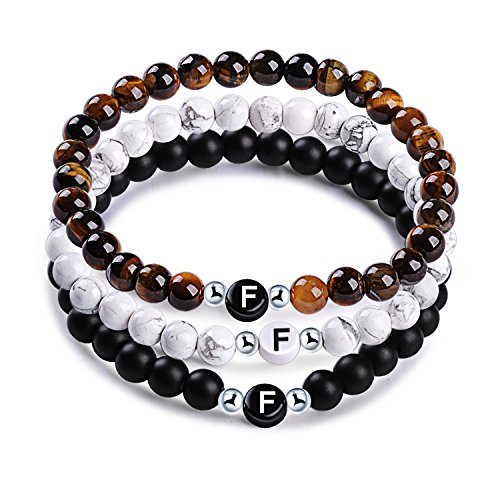 MicLee Nombre Pulsera de Amistad Hecha de Piedras Naturales con Cuentas de Letras de F, Juego de 3 Pulseras para Mujeres Hombre, con Caja de Regalo Tarjeta de Felicitación