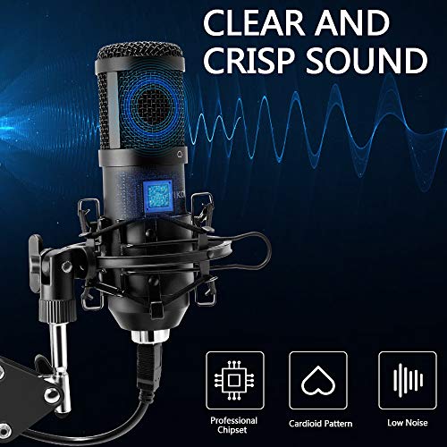 Micrófono de Condensador USB, UYIKOO Micrófono PC Gaming Profesional Cardioide 192kHz/24Bit para Grabar Música y Video Podcast Transmisión en Vivo Juegos Chat Soporte de Brazo