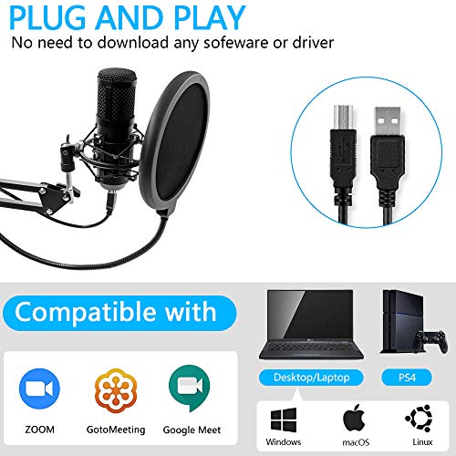 Micrófono de Condensador USB, UYIKOO Micrófono PC Gaming Profesional Cardioide 192kHz/24Bit para Grabar Música y Video Podcast Transmisión en Vivo Juegos Chat Soporte de Brazo