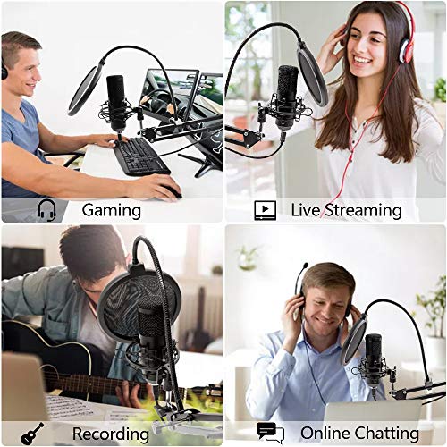 Micrófono de Condensador USB, UYIKOO Micrófono PC Gaming Profesional Cardioide 192kHz/24Bit para Grabar Música y Video Podcast Transmisión en Vivo Juegos Chat Soporte de Brazo