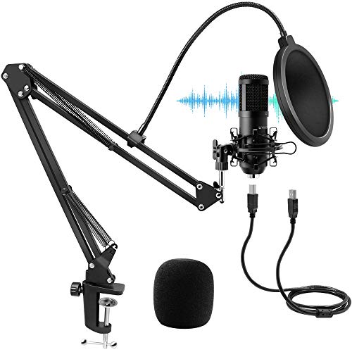 Micrófono de Condensador USB, UYIKOO Micrófono PC Gaming Profesional Cardioide 192kHz/24Bit para Grabar Música y Video Podcast Transmisión en Vivo Juegos Chat Soporte de Brazo
