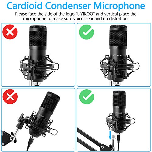 Micrófono de Condensador USB, UYIKOO Micrófono PC Gaming Profesional Cardioide 192kHz/24Bit para Grabar Música y Video Podcast Transmisión en Vivo Juegos Chat Soporte de Brazo