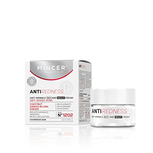 Mincer Pharma Anti Redness Crema facial anti-rojeces anti-arrugas mejorando la microcirculación día y noche contra arañas para piel vascular con castaño, ginkgo biloba y jengibre, 50 ml