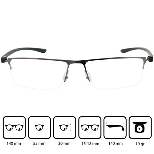 Mini Brille Gafas de Lectura con Cristales Rectangulares, Media Montura Cuadradas de Acero Inoxidable (Grafito), Funda GRATIS, Gafas Para Leer Hombre y Mujer +1.5 Dioptrías