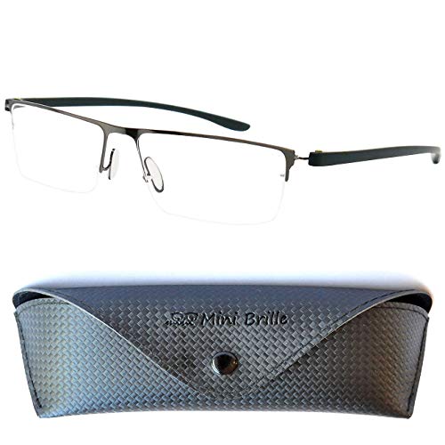 Mini Brille Gafas de Lectura con Cristales Rectangulares, Media Montura de Acero Inoxidable (Grafito), Funda GRATIS, Gafas Para Leer Hombre y Mujer +3.0 Dioptrías