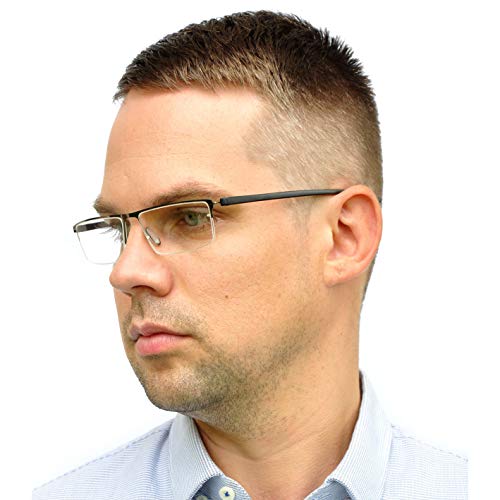 Mini Brille Gafas de Lectura con Cristales Rectangulares, Media Montura de Acero Inoxidable (Grafito), Funda GRATIS, Gafas Para Leer Hombre y Mujer +3.0 Dioptrías