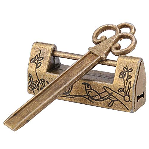 Mini Estilo Chino Tradicional Magpie Flores Candado, Cerradura pequeña, Llave Para Muebles Vintage Candado Vintage, Chinese lock box (Bronze)