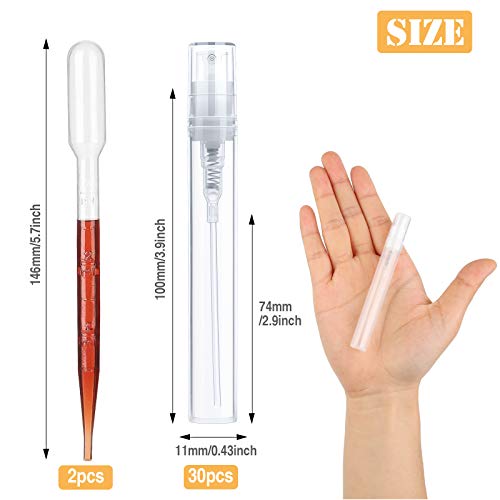 Mini muestras de perfume portátiles rellenables botellas pulverizadoras de plástico, pulverizador vacío con pipeta cuentagotas para viajes aceites esenciales (5 ml, 30 unidades)