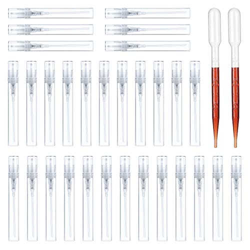 Mini muestras de perfume portátiles rellenables botellas pulverizadoras de plástico, pulverizador vacío con pipeta cuentagotas para viajes aceites esenciales (5 ml, 30 unidades)