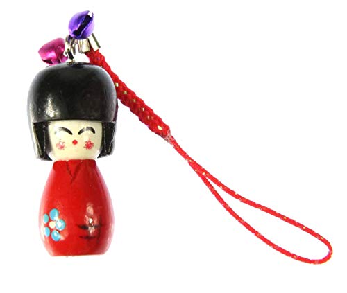 Miniblings Geisha muñeca Asia remolques móviles muñeca asiática de Madera roja Bell Kokeshi