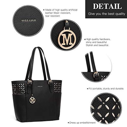 Miss Lulu Bolsas Mano para Mujer Bolso de Hombro Shopper Grande para Mujer Cuero Sintética (Negro-1)